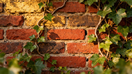 Close up of rough red and ochre brickwork with deep mortar lines, framed by vibrant green Hedera helix vines dramatically lit by low, warm sunlight casting strong shadows.の素材