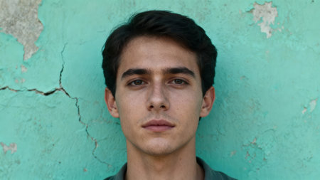 Detailed shot showing the young man's neutral gaze and facial structure, contrasted against the bright teal peeling paint and rough surface texture of the vertical backdrop.の素材
