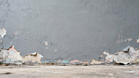 Low perspective  of a severely deteriorated gray stucco wall surface with paint flaking off, revealing colorful underlayers above a blurred cement floor base.の素材