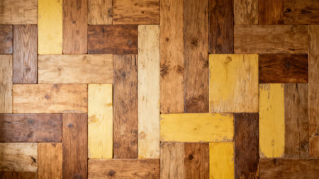 Of a decorative wooden patchwork design featuring vertically and horizontally oriented boards stained varying shades of natural brown and bright mustard yellow.の素材