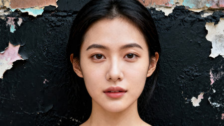 Symmetrical portrait of an East Asian model with glossy black hair and neutral makeup, photographed against a high-contrast backdrop of deeply textured, peeling black exterior wall paint.の素材