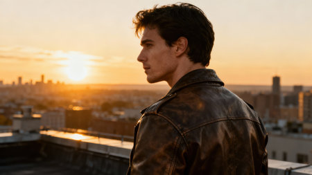 Handsome young male in profile, wearing rugged brown leather jacket atop a structure, bathed in intense orange sunset light creating a dramatic silhouette against the metropolitan horizon.の素材