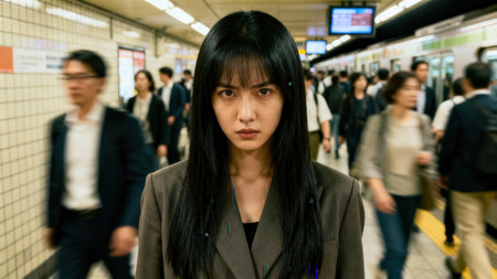 Intense  of a young East Asian woman with straight black hair and bangs, contrasting sharply against the motion blur of hurried businesspeople on a subway platform.の素材