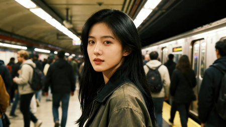 Detailed cinematic vertical portrait showing woman with strong black hair and olive jacket against shallow depth of field background of silver subway train and blurry commuters.の素材