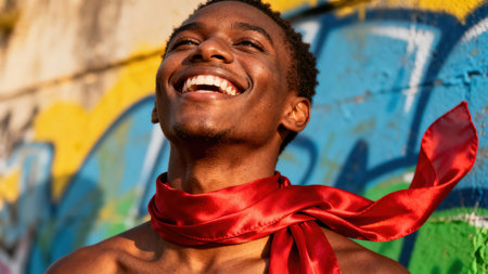 Close up portrait of an expressive African man looking up, showing genuine laughter and wide white teeth, highlighted by strong sunlight against a textured wall covered in blue and yellow graffiti.の素材