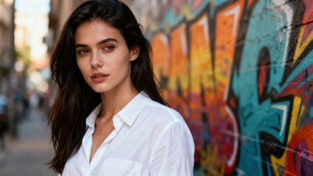 Portrait of a gorgeous brunette woman in a white collared shirt, featuring soft side lighting and subtle bokeh on the city street background, contrasting brightly against street art patterns.の素材