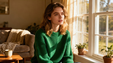 Warm sunlight streams through the large multi-pane window, casting strong shadows on the emerald ribbed sweater of the serene young woman sitting indoors near small potted houseplants.の素材