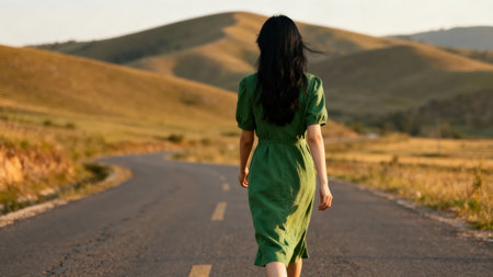 Rear view of a solitary young woman in a short-sleeved green dress walking down a curving rural road at sunset toward undulating dry hills and warm light.の素材