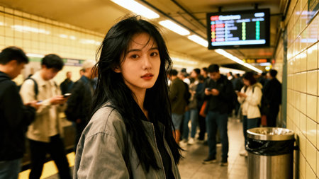 Black haired young woman in a gray jacket posing dramatically in a crowded urban subway station, featuring warm artificial lighting, blurred commuters, and yellow subway tile walls.の素材