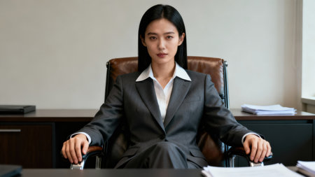 Medium shot of a stern East Asian adult woman with straight dark hair in a charcoal business suit, seated in a brown leather office chair illuminated by soft window light.の素材
