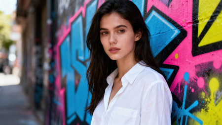 Medium  of dark-haired model in a white top, standing against a bold pink, blue, and yellow spray-painted concrete mural wall under bright natural daylight.の素材