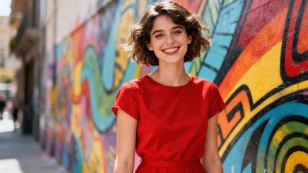 Smiling young adult female with short wavy brown hair and red lipstick standing against a vivid rainbow-colored abstract graffiti wall bathed in bright sunlight on a busy urban street.の素材