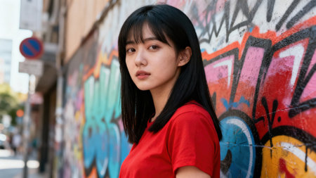Three quarter portrait of a youthful female in a red top with straight black hair, standing against an abstract multicolor graffiti wall under bright outdoor lighting.の素材