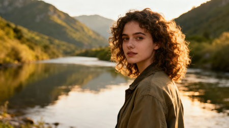 Candid photograph of a relaxed woman in an olive green jacket next to calm reflective water, with steep green slopes and forest covering the distant mountainside.の素材