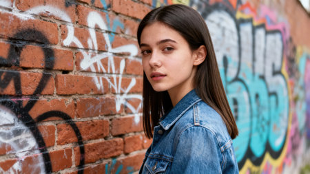Attractive young brunette woman in a casual denim jacket photographed outdoors, posing against a highly textured brick wall painted with colorful street art graffiti tags.の素材
