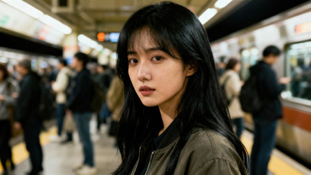 Head and shoulders shot of young woman with black bangs in an olive bomber jacket, dramatically lit by warm lights on a busy underground train platform with extreme bokeh background.の素材