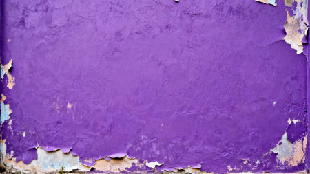 Distressed purple paint covering a rough stucco building exterior, displaying significant degradation with flaking edges revealing the beige and light blue subsurface materials along the bottom edge.の素材