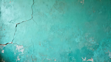 Closeup view of a brightly lit, turquoise stucco wall showing severe vertical and diagonal cracks and extensive paint erosion on the rough surface texture.の素材