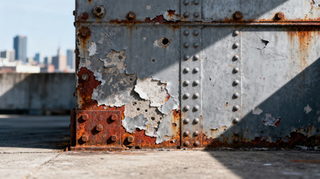 Weathered industrial support post displaying extensive red and orange rust and flaking silver paint, detailed with rows of circular rivets, set on a gray concrete surface beneath sharp daylight,...の素材