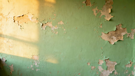 Heavily damaged structure close up, showing cracking mint green paint layers revealing rough beige substrate, illuminated by strong golden sunlight contrasting with sharp diagonal shadows.の素材