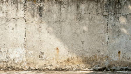 Wide composition of a light gray concrete retaining wall featuring deep structural stress cracks and heavy dark biological staining, captured under high-contrast sunlight.の素材