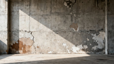 Abandoned industrial structure with a distressed cement wall exhibiting severe cracks and flaking plaster, intensely illuminated by triangular sunlight.の素材