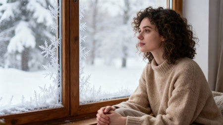 Profile view of a relaxed woman with brown curly hair wearing a beige wool sweater, sitting next to a wooden window frame decorated with vinyl snowflakes, gazing at the frozen outdoor forest view.の素材