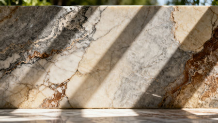 Sophisticated multicolored marble barrier with complex gray and rust veins, contrasted by bright diagonal shadows, set against a blurred green foliage background.の素材