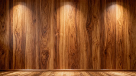 Luxurious dark brown wood grain panels with smooth finish, contrasted by bright warm spotlight beams highlighting the vertical texture above a subtle hardwood floor.の素材