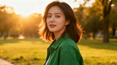Vibrant portrait of an East Asian woman in a green collared jacket, bathed in intense golden backlighting and sunburst effects in a blurred park setting during the late afternoon.の素材