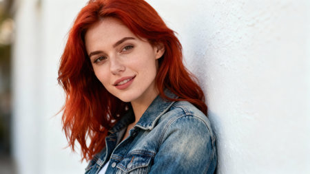Portrait of youthful woman with vibrant auburn hair and warm skin tones, dressed in a faded blue jean jacket, leaning against a rough white stucco surface illuminated by bright daylight.の素材