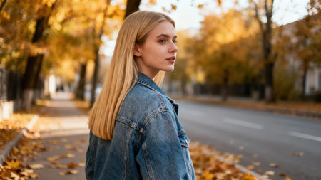 Profile view of a young woman with long blonde hair and a denim jacket standing next to a city street, surrounded by bokeh background of vivid yellow and golden autumn tree foliage.の素材