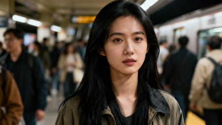 Portrait of a young East Asian female with straight black hair wearing a khaki jacket, contrasted against the blurry motion of a dense crowd moving through a dimly lit subway platform.の素材