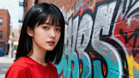 Closeup beauty portrait of an East Asian woman wearing a bright red top against a textured wall featuring vibrant, multicolored graffiti street art on a distressed red brick surface in an urban...の素材