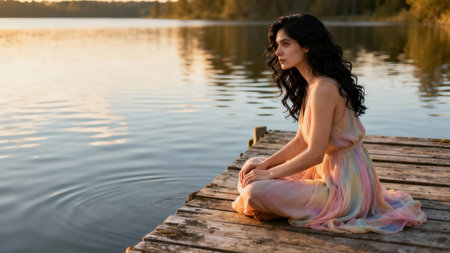 Profile view of a relaxed woman sitting cross-legged on weathered wooden planks, meditating by a shimmering lake surface reflecting soft golden hour sunlight and blurry forest.の素材