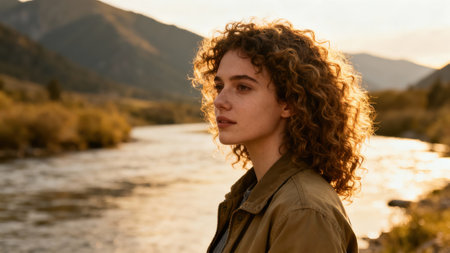 Profile view of a young woman with voluminous brown curly hair, strongly backlit by warm sunlight, standing beside a winding river reflecting golden tones amidst rugged hills and dry autumn...の素材