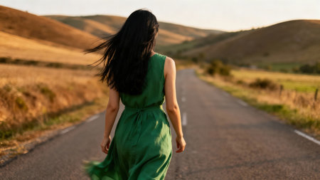 Rear view of dark-haired female subject in flowing emerald green dress walking along a country asphalt road, highlighted by warm golden hour sunlight reflecting off the dry hills and pavement.の素材