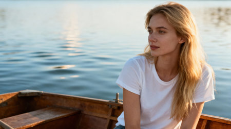 Close up profile of a young blonde woman enjoying the warm glow of the golden hour while sitting in a weathered brown wooden boat, overlooking the calm blue water.の素材