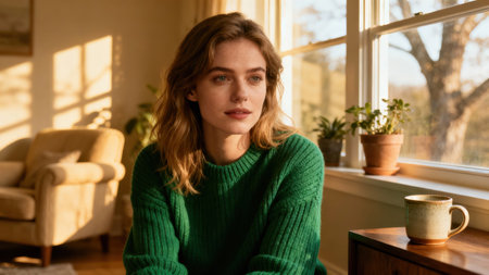 Golden hour sunlight illuminating thoughtful woman in emerald green pullover, framed by window reflections, terracotta potted plants, and rustic speckled coffee mug.の素材