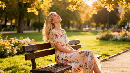 Profile shot of a serene young blonde woman wearing a light floral maxi dress, seated on a wooden park bench during golden hour with strong lens flare and backlighting.の素材