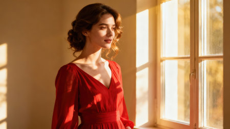 Golden hour sunlight intensely illuminates the face and red V-neck dress of a young woman standing near a multipane window, creating deep contrast and geometric shadows on the beige wall.の素材