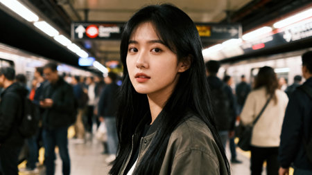 Close up of a young East Asian female with long black hair and an olive jacket, contrasted against a bright, blurry subway platform packed with commuting passengers.の素材