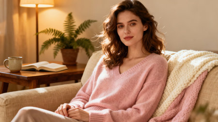 Relaxed dark-haired woman in a light pink v-neck fuzzy sweater resting on a tan sofa in warm sunlight, detailed background includes potted fern, open book, and large knit blanket.の素材