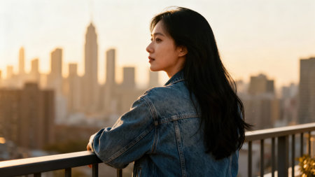 Side profile of young Asian woman wearing light blue denim jacket leaning on metal railing, framed by blurry city skyline silhouette under warm golden hour light.の素材