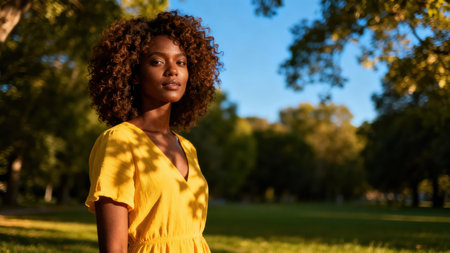 Dark skinned woman wearing a vivid yellow dress captured in strong dappled sunlight outdoors, contrasting with the soft green bokeh background of the sunlit park.の素材