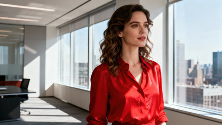 Determined professional female in a bright crimson satin blouse illuminated by sharp natural sunlight streaming through modern office windows onto the cityscape view.の素材