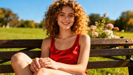 Vibrant outdoor portrait of a young woman featuring voluminous orange curly hair and a red satin tank top, seated on a dark wooden bench against a backdrop of lush green grass and bright blue sky.の素材