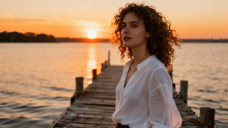 Copper-haired woman in a loose white linen blouse standing on a rustic timber pier, illuminated by the intense golden glow of a low sun setting over calm water.の素材