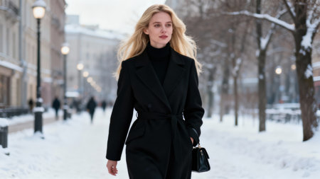 Elegant woman with long flowing blonde hair wearing a classic black high neck coat and shoulder bag walking along a bright, snow covered city sidewalk in winter.の素材