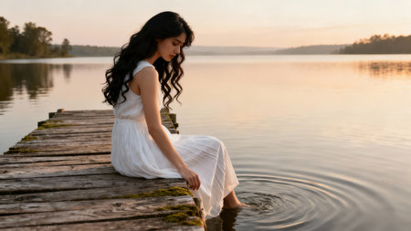 Side profile of young female with dark wavy hair sitting on rough wooden planks illuminated by warm sunset light reflecting off the still lake water surface creating soft golden tones.の素材